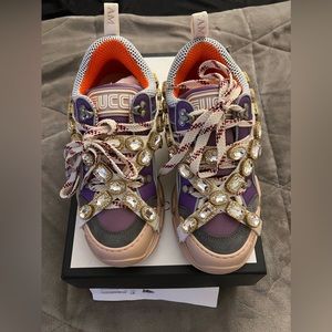 GUCCI Crystals Womens Flashtrek Sneakers New Lavender Loess Shine Purple
